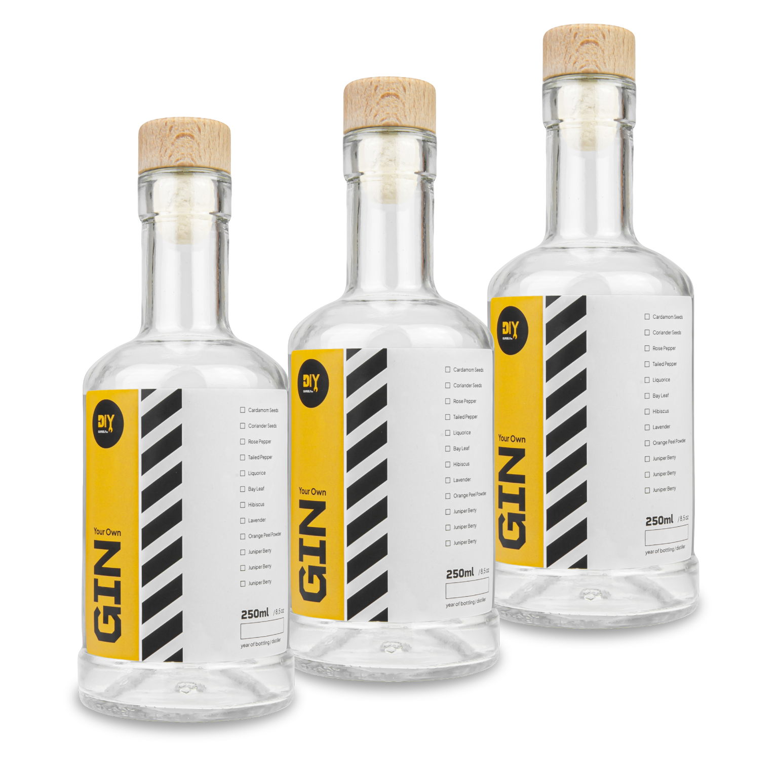 GLASS BOTTLE FOR GIN 3 PCS. WITH STICKER