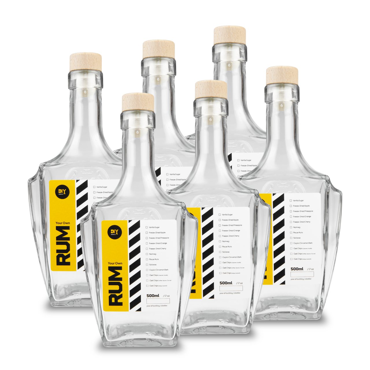 GLASS BOTTLE FOR RUM 6 PCS. WITH STICKER